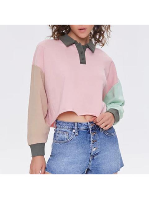 Other Designers FOREVER 21 Cropped Polo Shirt Long Sleeve Collared Raw Hem Colorblock Pink Small