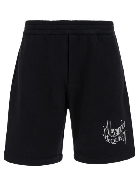 Alexander Mcqueen Men Black Shorts With Contrasting Logo Lettering Print In Cotton Man