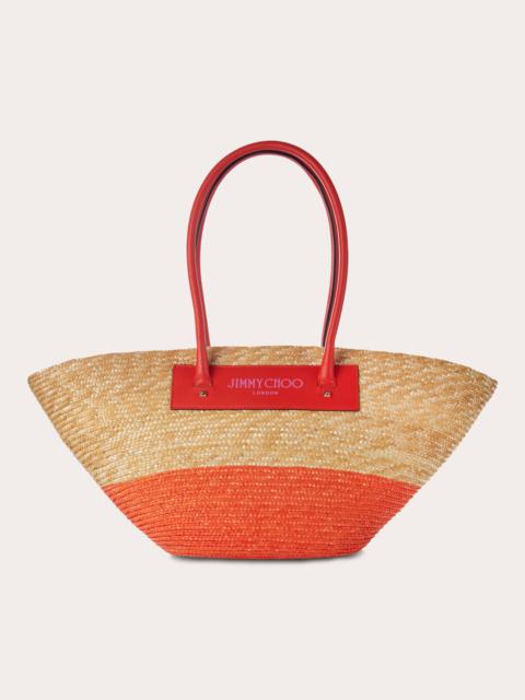 JIMMY CHOO Beach Basket Leather-Trimmed Printed Raffia Tote