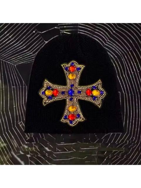 Japanese Brand - huge rhinestone cross knitted beanie hat