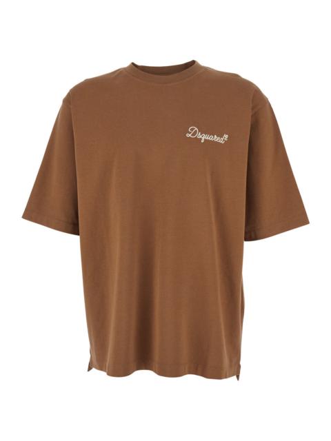 DSQUARED2 Dsquared2 Men Brown T-Shirt With Embroidered Logo On The Chest In Cotton Man