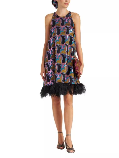 La DoubleJ La Fenice Mini Dress in Spritz Blue Petro with Feathers