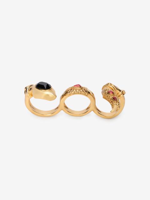 Roberto Cavalli Three-Finger Golden Ring With Black Stones And Ruby