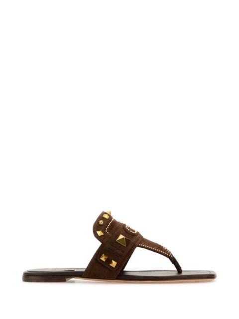 Valentino Garavani Women Brown Suede Plaster Caster Thong Slippers