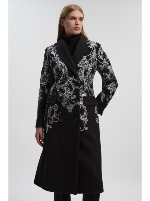 KAREN MILLEN Wool Floral Embroidered Double Breasted Coat