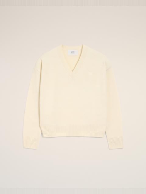 AMI Paris WHITE WOOL AMI DE COEUR V NECK SWEATER