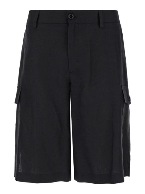 Dolce & Gabbana Dolce & Gabbana Men Black Bermuda Shorts With Logo Patch In Linen Man