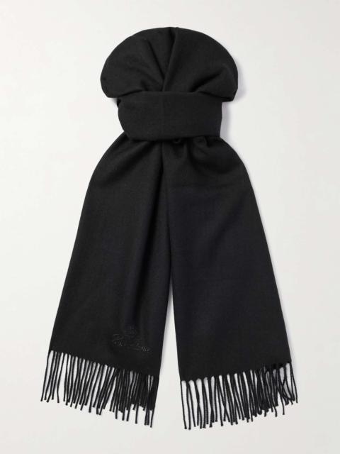 Logo-Embroidered Fringed Herringbone Cashmere Scarf