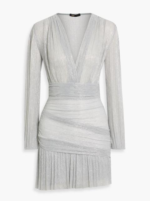 maje Draped metallic plissé-tulle mini dress