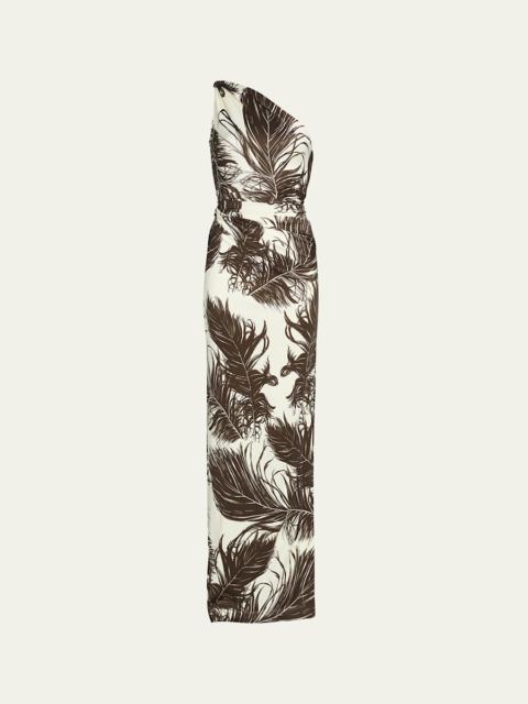 Oscar de la Renta Feather-Print One-Shoulder Sleeveless Gown