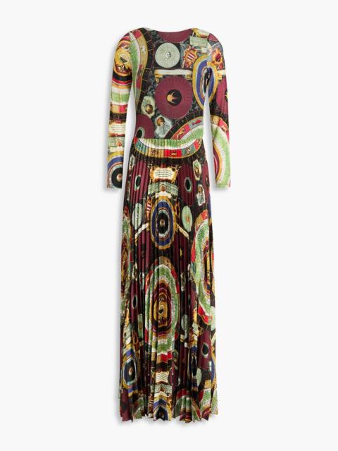 Alice + Olivia Ivey printed pleated satin and stretch-mesh maxi dress