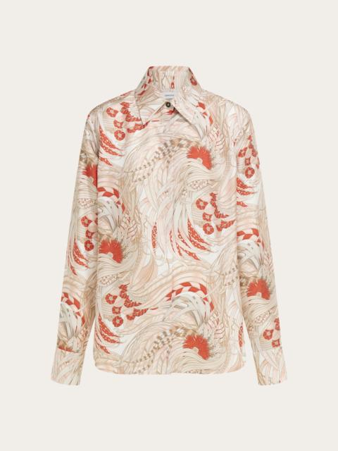FERRAGAMO Silk Twill Shirt with Feather Print