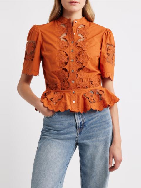 Love the Label LOVE THE LABEL Elizabeth Openwork Lace Short Sleeve Button-Up Shirt in Cinnamon at Nordstrom