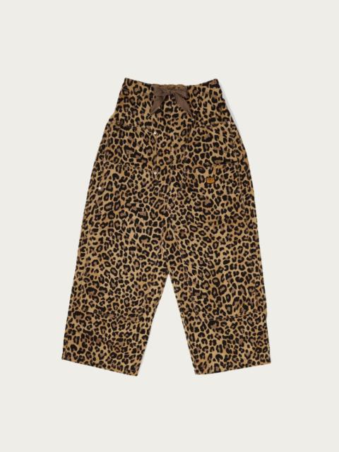 Cotton Herringbone Leopard W-Knee Easy Baggy Pants - Brown