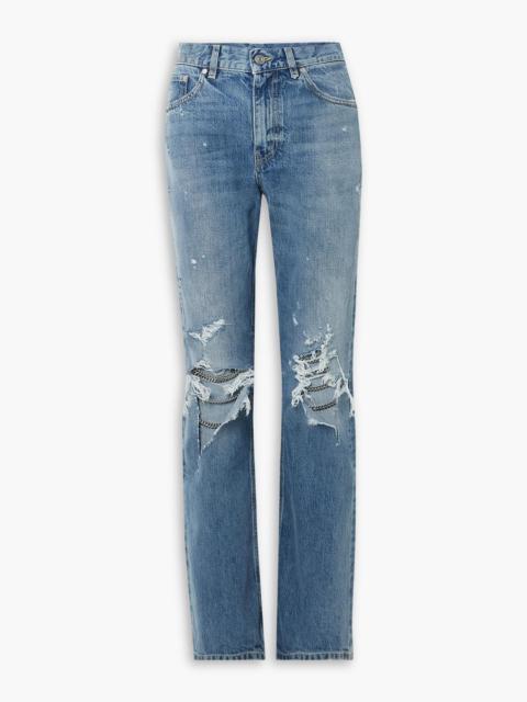 Stella McCartney Falabella distressed embellished high-rise straight-leg jeans