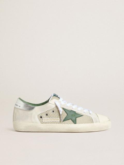 Golden Goose Men’s Super-Star in white suede and mesh with green leather star and silver heel tab