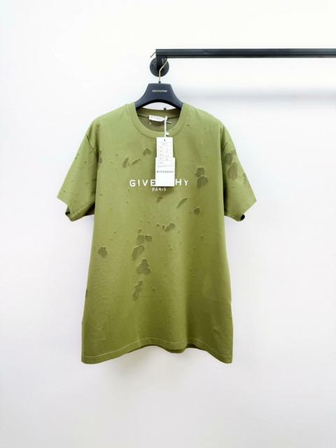 Givenchy Givenchy Green distressed destroyed logo print crew neck T-shirt