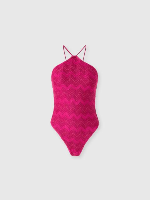 Missoni Zig zag lamé viscose one-piece swimsuit with halter neck