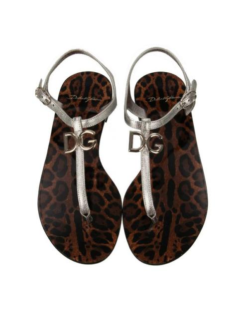 Dolce & Gabbana DG Logo Leopard Print Strap Sandals Shoes Silver 37 7 12777