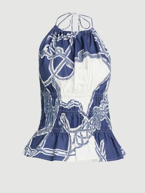 KAREN MILLEN Shirred Cotton Tiered Chain Print Halter Neck Woven Top