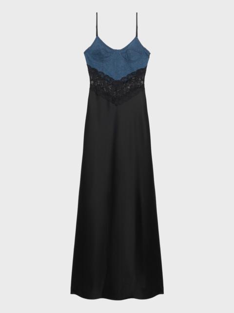 Blumarine SATIN LONG DRESS WITH DENIM AND LACE INSERTS