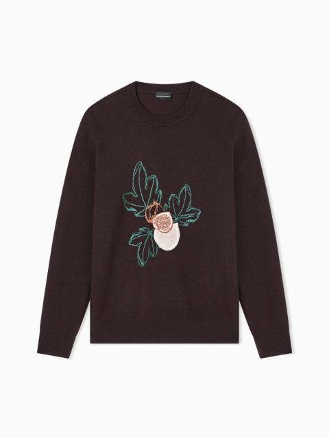 EMPORIO ARMANI VIRGIN-WOOL PLAIN-KNIT JUMPER WITH FOLIAGE EMBROIDERY