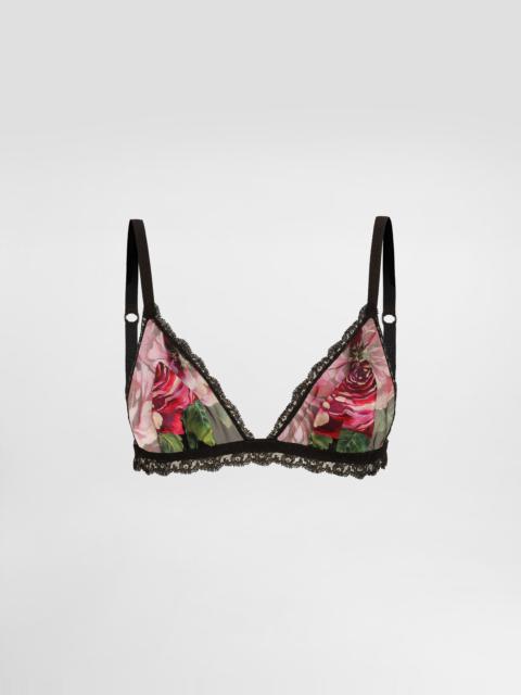 Dolce & Gabbana Rose-print satin and tulle triangle bra