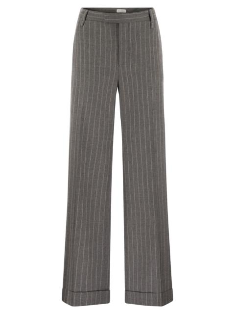 Brunello Cucinelli Loose Flared Trousers In Virgin Wool Mouliné Pinstripe With Beadwork