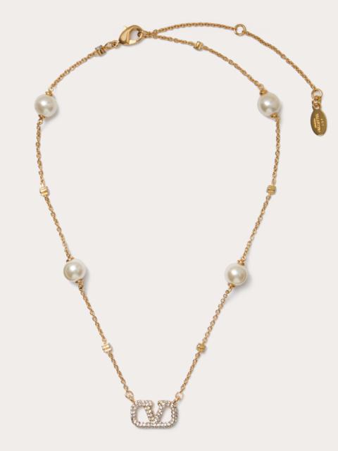 Valentino VLOGO SIGNATURE METAL NECKLACE WITH SWAROVSKI® CRYSTALS AND PEARLS