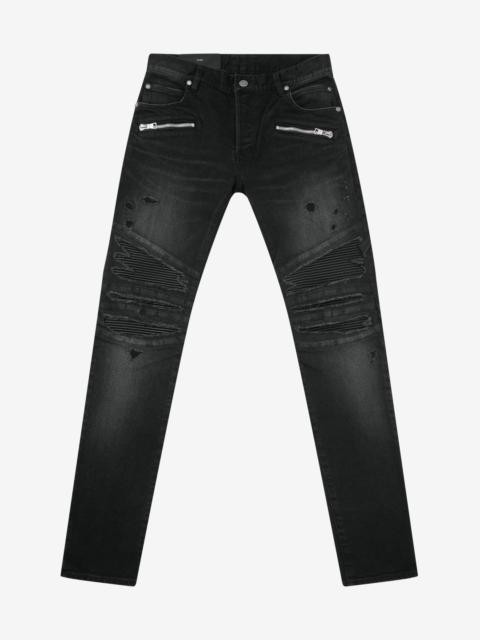 Balmain Balmain Black Ribbed Panel Destroyed Slim Biker Jeans