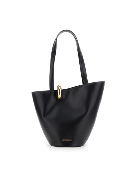JACQUEMUS Jacquemus le Bambola Moyen Black Shoulder Bag With Front Metal Ring Closure And Embossed Logo Letter