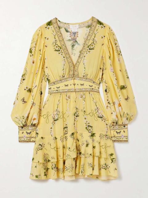 Crystal-embellished printed silk crepe de chine mini dress Yellow