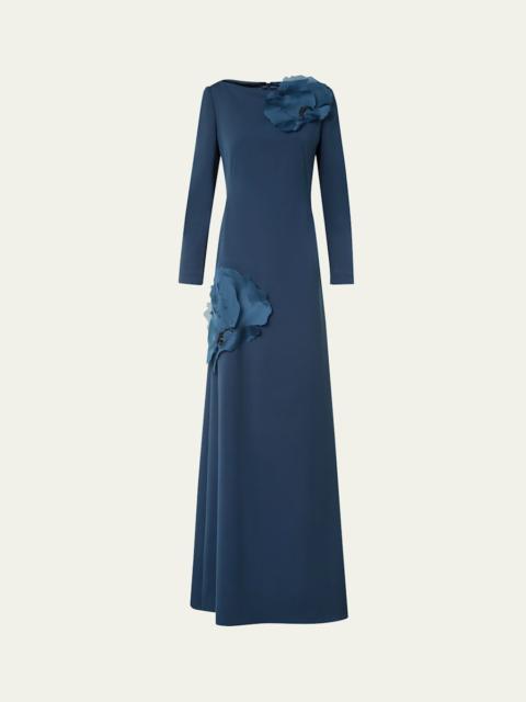 AKRIS Organza Anemone Corsage Long-Sleeve Crepe Gown