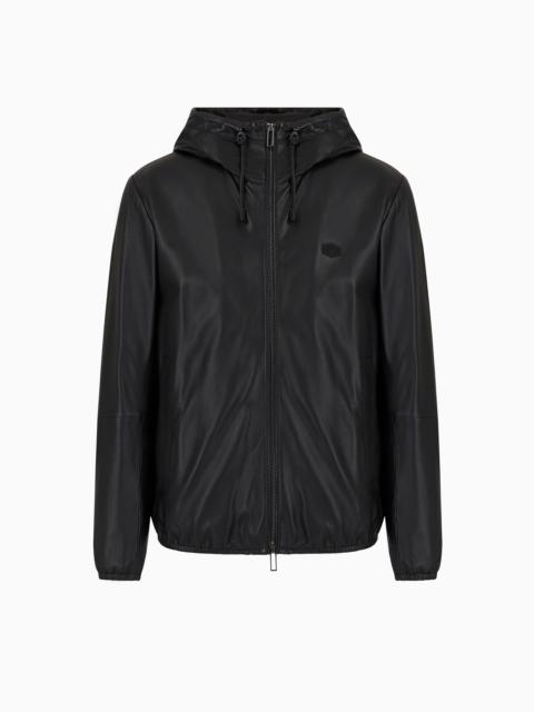 EMPORIO ARMANI Hooded, semi-aniline nappa lambskin blouson with full-length zip