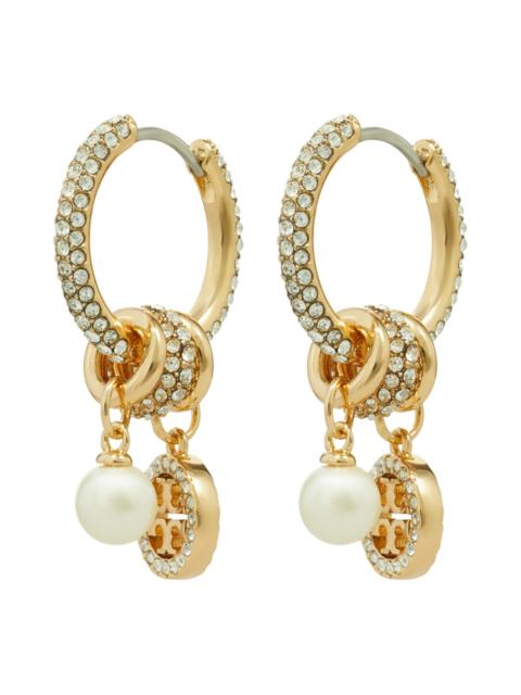 TORY BURCH Tory Burch Icon Pavé Hoop Charm Earrings in Tory Gold /Crystal /Pearl at Nordstrom