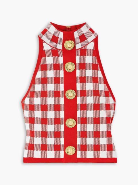 Balmain Cropped button-embellished gingham knitted top