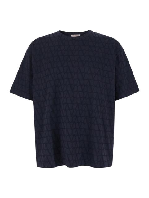 Valentino Valentino Men Blue Crewneck T-Shirt With Tonal Vlogo Print In Cotton Man