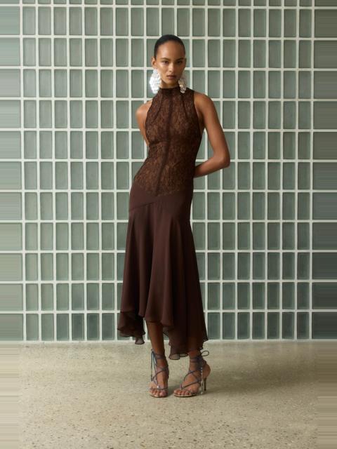 De La Vali CHANDRA MIDI DRESS IN BROWN LACE CHIFFON
