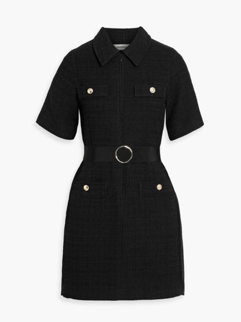 Sandro Belted pleated crepe de chine and tweed mini shirt dress
