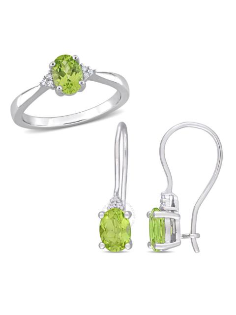 Other Designers Amour 2 1/2 CT TGW Oval Peridot and Diamond Accent Ring and Euro Back Earrings Set in Sterling Silve