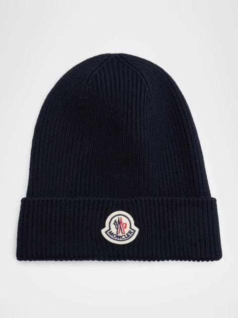 Moncler Men's Ribbed Wool Logo Beanie Hat