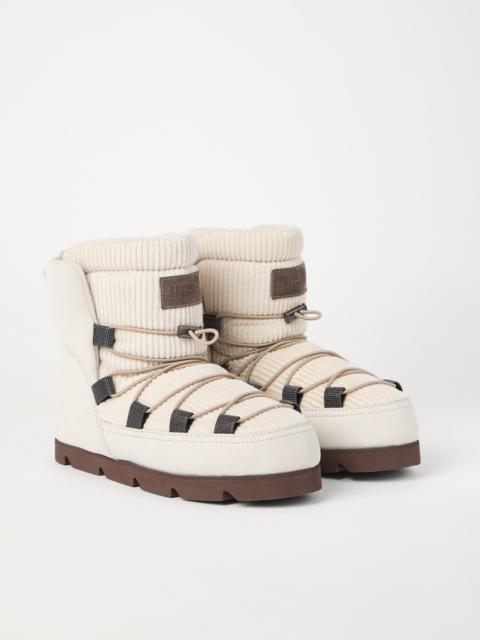 Brunello Cucinelli Suede and corduroy mountain boots with shearling lining and shiny eyelets