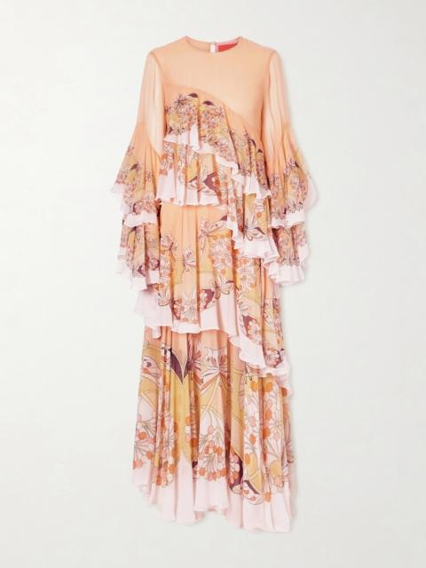 La DoubleJ Naiad Tiered Floral-print Silk-chiffon Maxi Dress