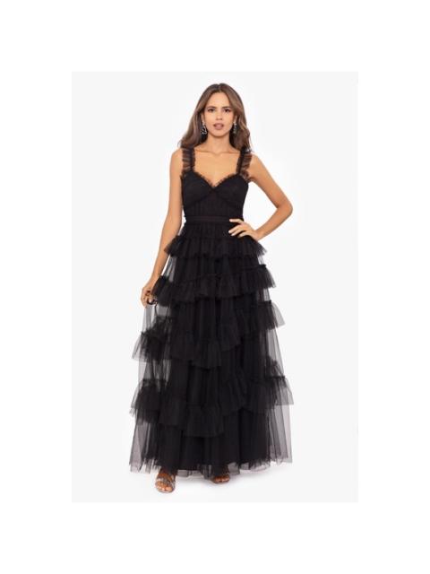 Other Designers NWT Betsy & Adam "GIGI" Long Ruffle Mesh Dress in Black Sz 2 $299