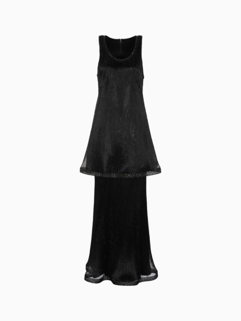 GIORGIO ARMANI LONG PLEATED TULLE DRESS WITH CRYSTAL EMBROIDERY AND A FRILL