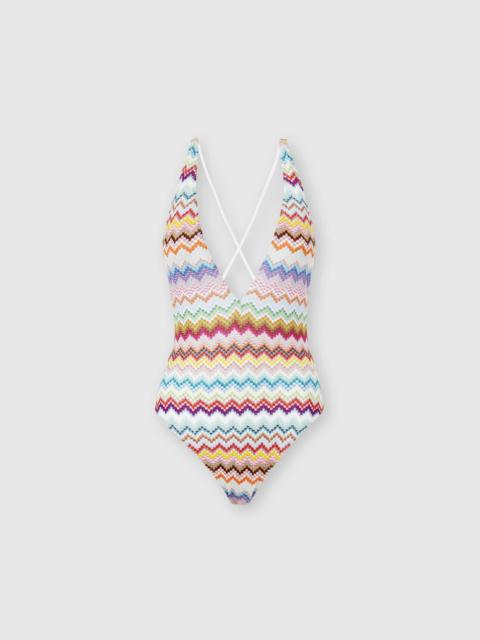 Missoni One-piece swimsuit in lamé viscose with pixel-effect zigzag pattern and V-neckline
