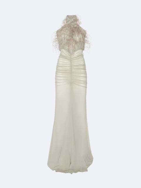 LAPOINTE Mesh Sleeveless Halter Ruched Gown With Feathers
