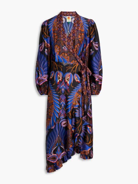 FARM RIO Asymmetric printed satin midi wrap dress