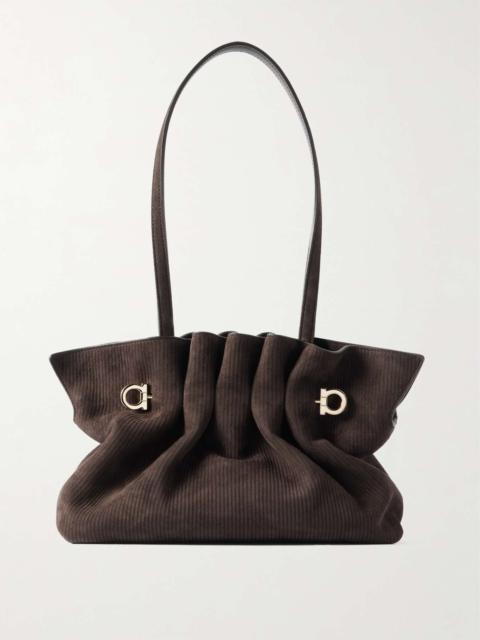 Small embellished gathered ribbed suede shoulder bag Dark brown