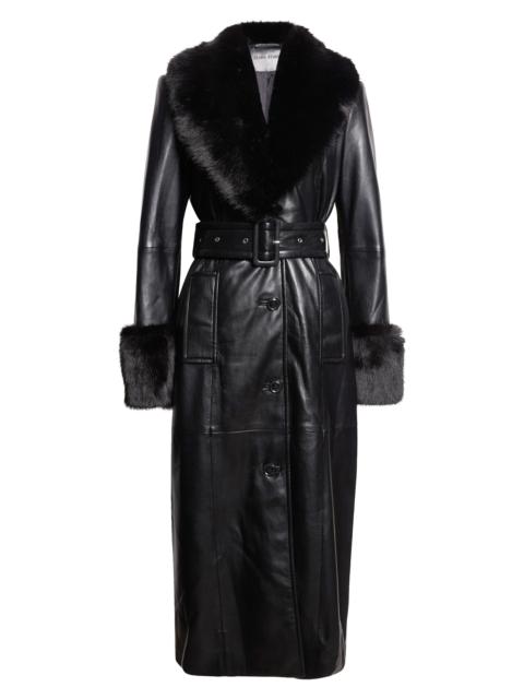 STAND STUDIO Stand Studio Estella Belted Faux Leather Coat with Faux Fur Trim in Black/Black at Nordstrom